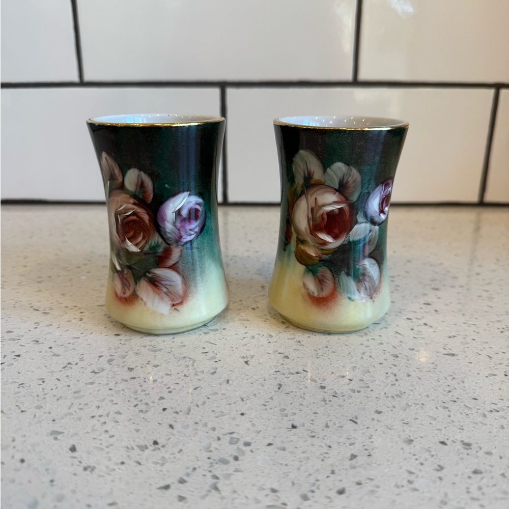 Vintage Limoges Pair Bud Vases Floral Hand-Painted 4” Tall EUC